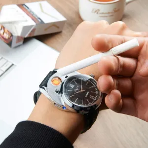 Rechargeable USB Lighter Watch - Date Clock Electronic Men's Casual Quartz Wristwatch Windproof Flameless Cigarette Lighter