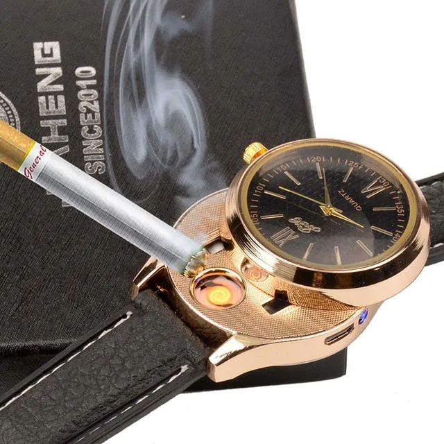 Rechargeable USB Lighter Watch - Date Clock Electronic Men's Casual Quartz Wristwatch Windproof Flameless Cigarette Lighter