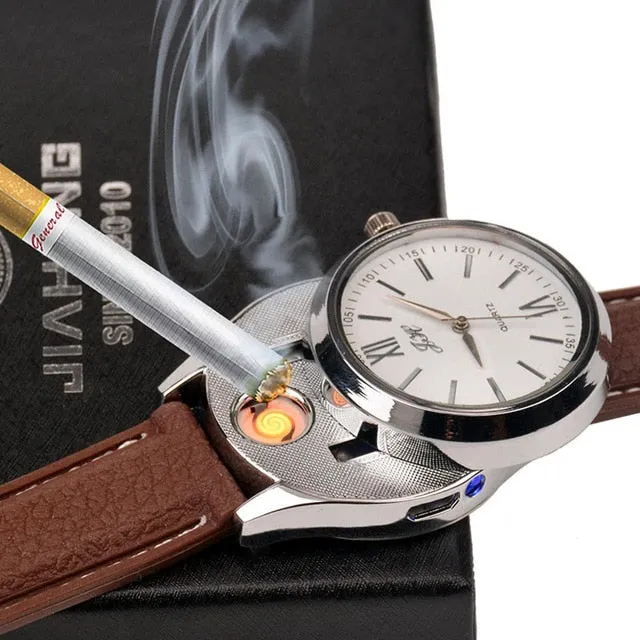 Rechargeable USB Lighter Watch - Date Clock Electronic Men's Casual Quartz Wristwatch Windproof Flameless Cigarette Lighter