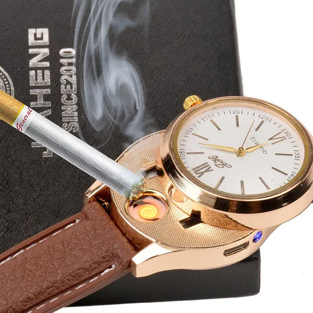 Rechargeable USB Lighter Watch - Date Clock Electronic Men's Casual Quartz Wristwatch Windproof Flameless Cigarette Lighter