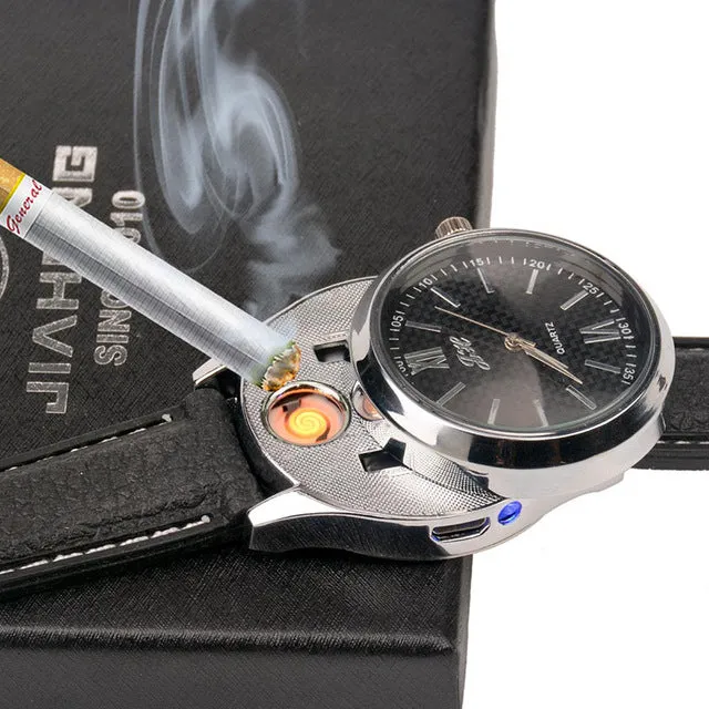 Rechargeable USB Lighter Watch - Date Clock Electronic Men's Casual Quartz Wristwatch Windproof Flameless Cigarette Lighter