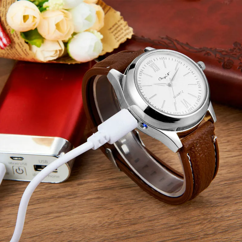Rechargeable USB Lighter Watch - Date Clock Electronic Men's Casual Quartz Wristwatch Windproof Flameless Cigarette Lighter