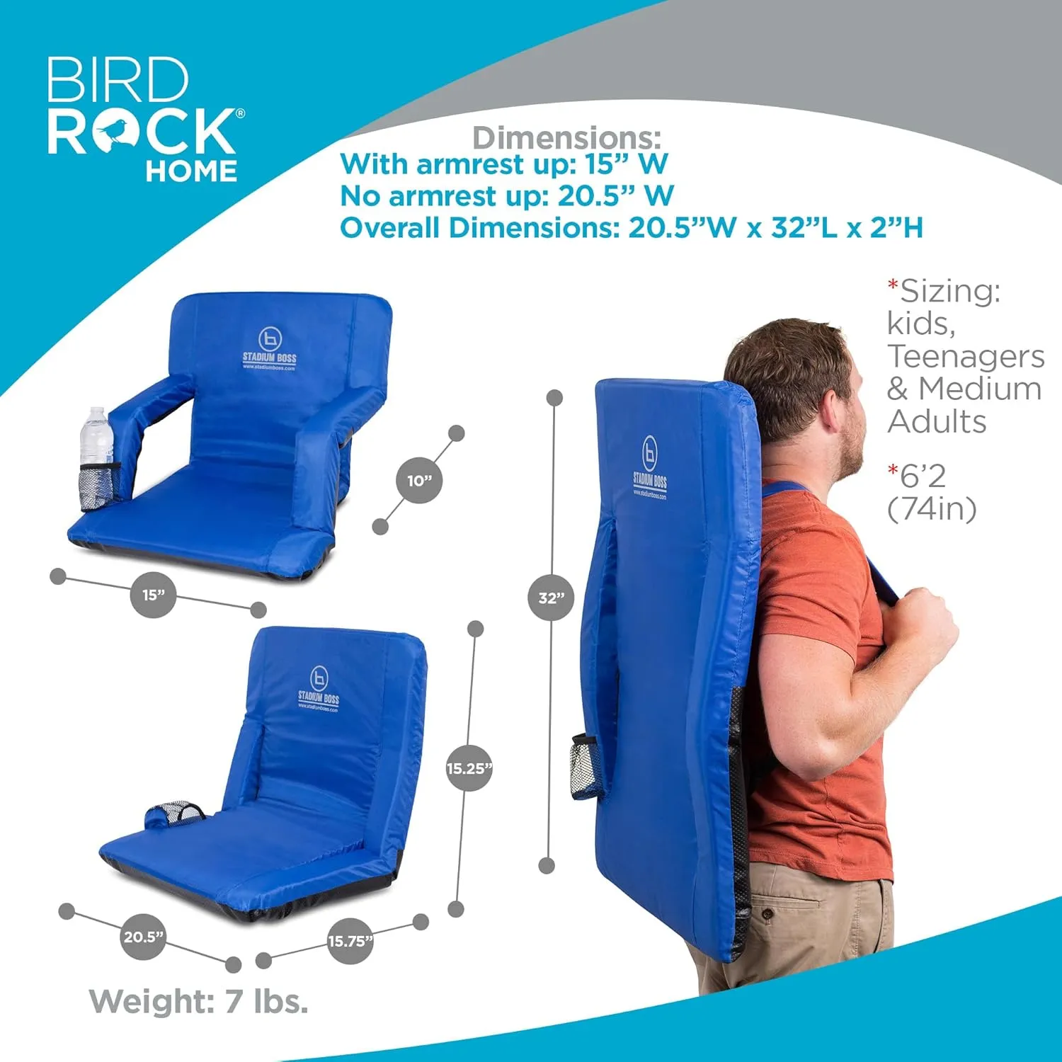 Recliner Stadium Seat for Bleachers, Benches, Lawns, Backyard, Camping & Beach – Padded Sport Chair, Cushion Backs & Armrest – 6 Reclining Positions – Portable Carry Straps – Blue