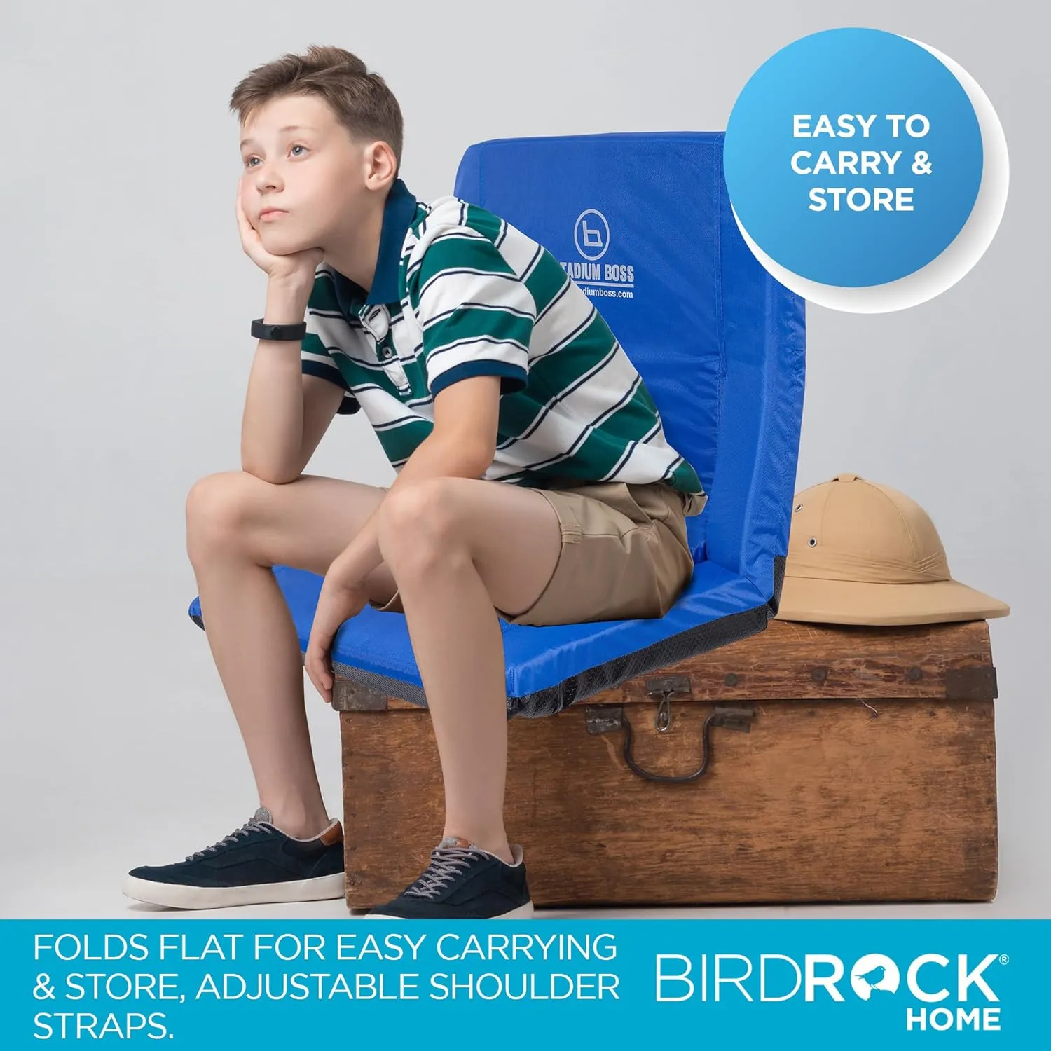 Recliner Stadium Seat for Bleachers, Benches, Lawns, Backyard, Camping & Beach – Padded Sport Chair, Cushion Backs & Armrest – 6 Reclining Positions – Portable Carry Straps – Blue