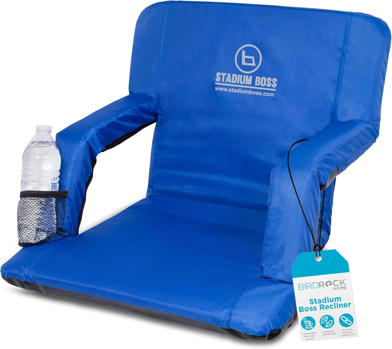 Recliner Stadium Seat for Bleachers, Benches, Lawns, Backyard, Camping & Beach – Padded Sport Chair, Cushion Backs & Armrest – 6 Reclining Positions – Portable Carry Straps – Blue