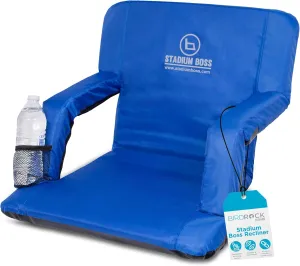 Recliner Stadium Seat for Bleachers, Benches, Lawns, Backyard, Camping & Beach – Padded Sport Chair, Cushion Backs & Armrest – 6 Reclining Positions – Portable Carry Straps – Blue