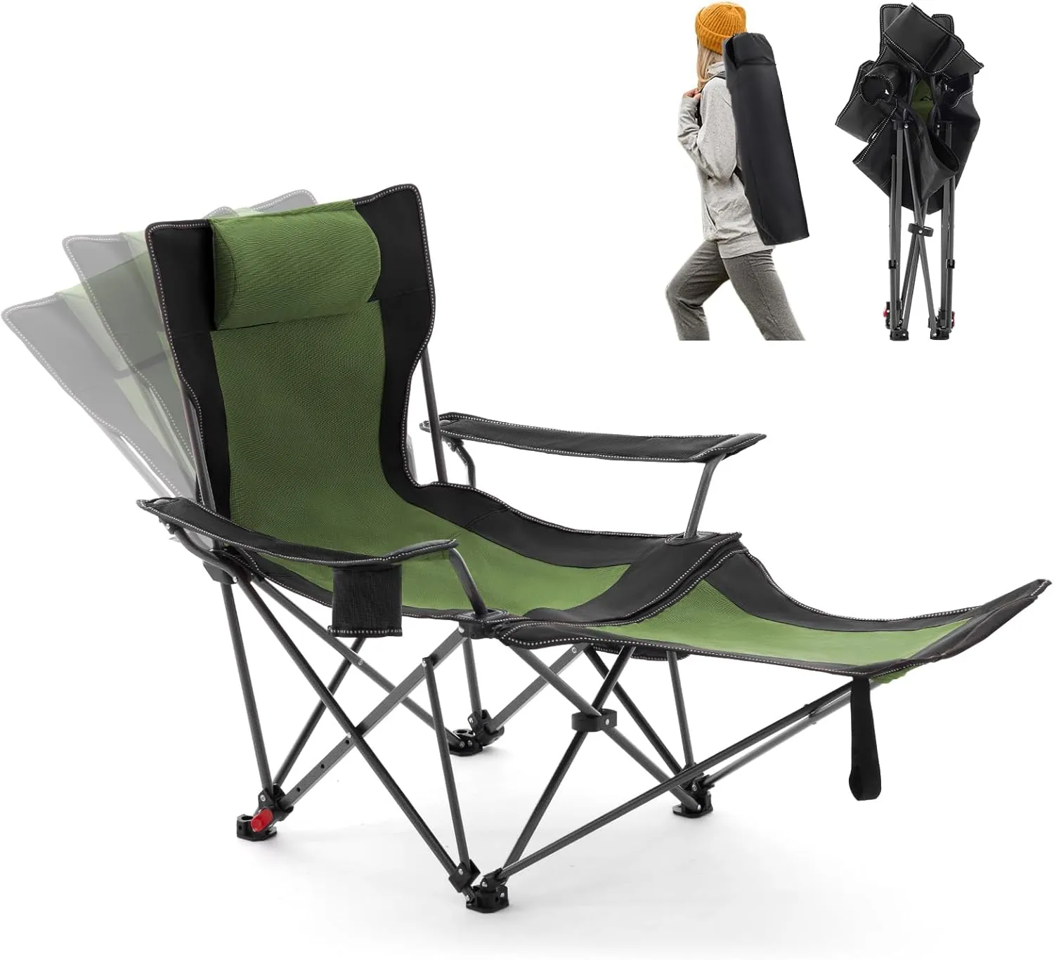 Reclining Camping Chair with Foot Rest, Folding Lounge Chair for Adults,Outdoor Chair Support 300 lbs with Adjustable Backrest &Cup Holder Portable Recliner Beach Chair for Lawn Outside,Green