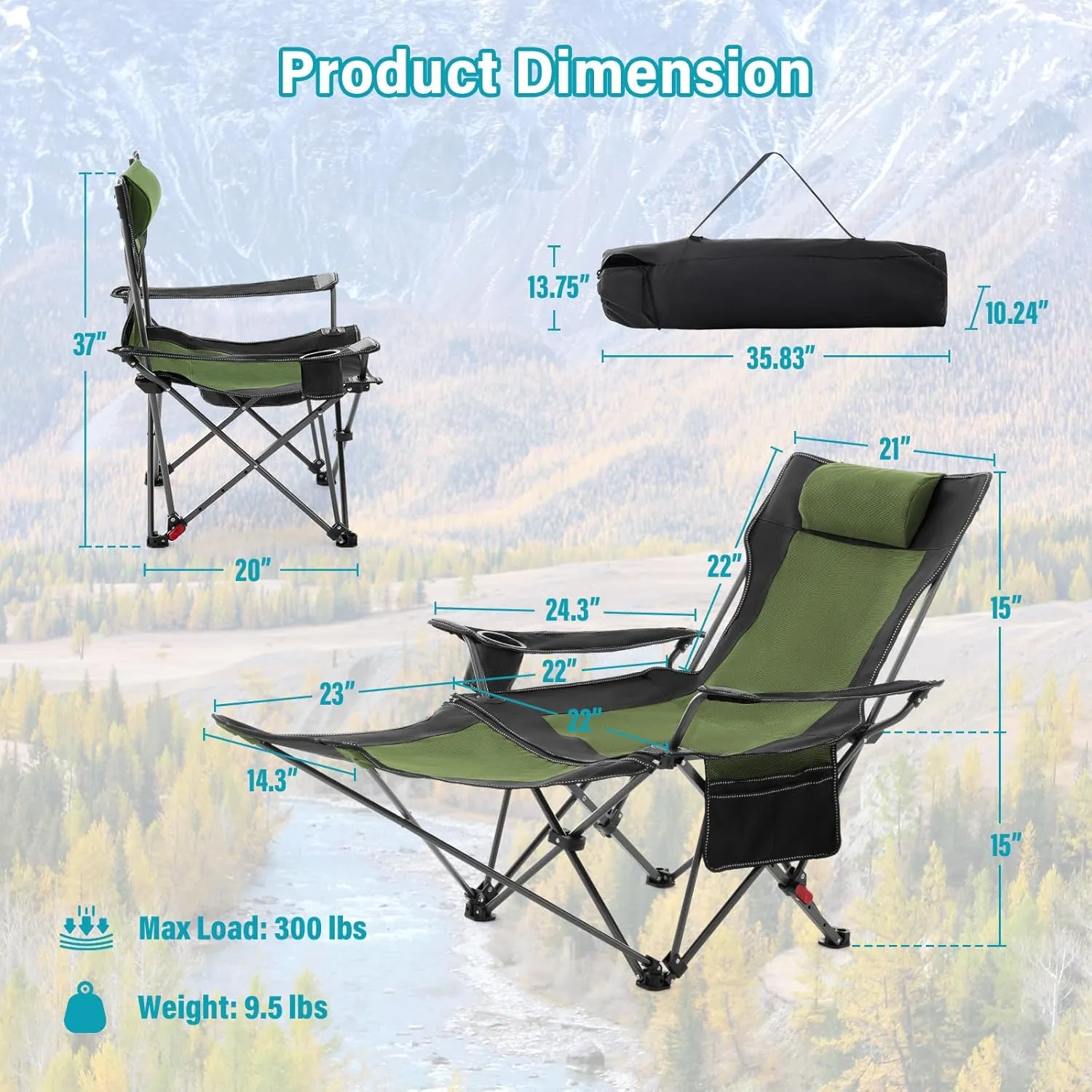 Reclining Camping Chair with Foot Rest, Folding Lounge Chair for Adults,Outdoor Chair Support 300 lbs with Adjustable Backrest &Cup Holder Portable Recliner Beach Chair for Lawn Outside,Green