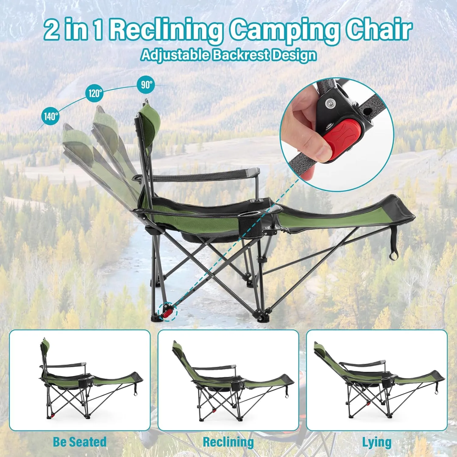 Reclining Camping Chair with Foot Rest, Folding Lounge Chair for Adults,Outdoor Chair Support 300 lbs with Adjustable Backrest &Cup Holder Portable Recliner Beach Chair for Lawn Outside,Green