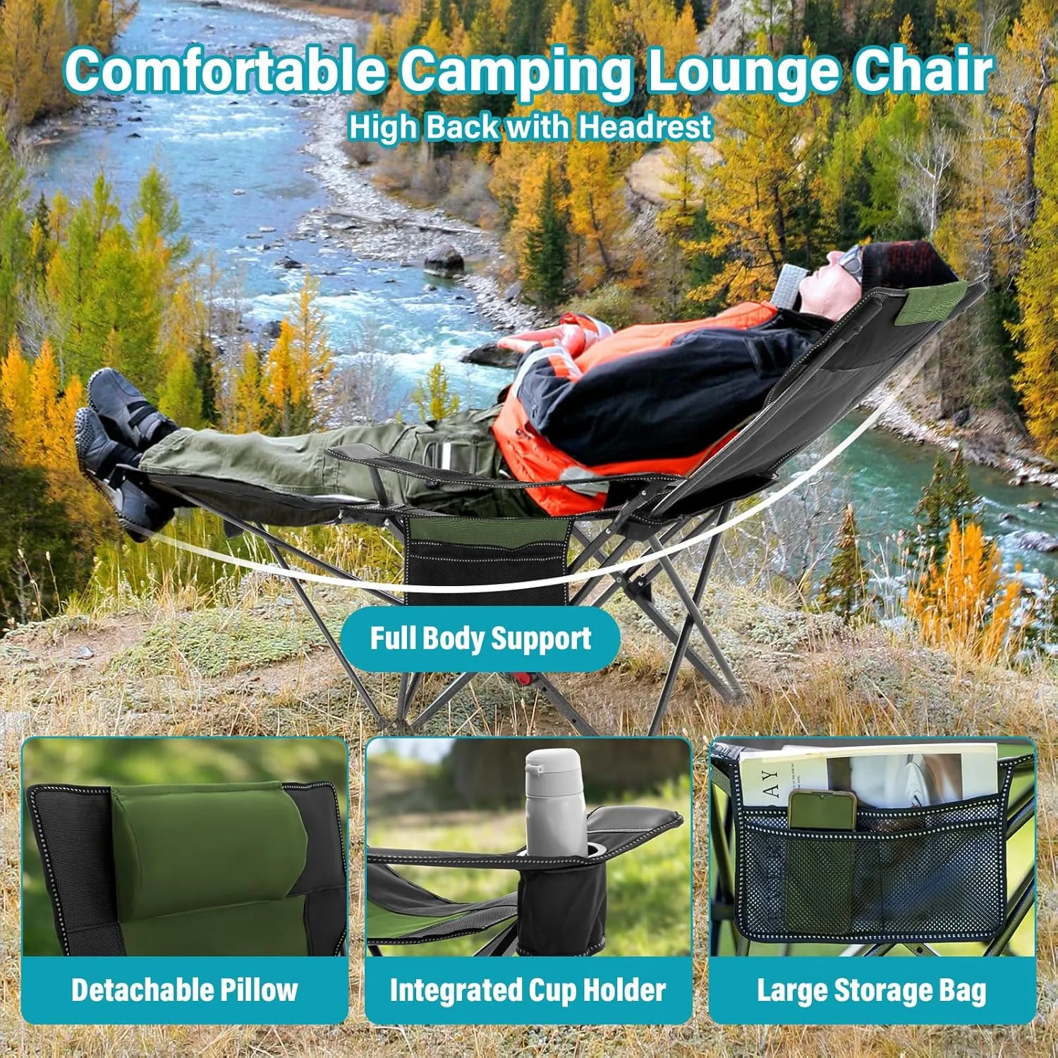 Reclining Camping Chair with Foot Rest, Folding Lounge Chair for Adults,Outdoor Chair Support 300 lbs with Adjustable Backrest &Cup Holder Portable Recliner Beach Chair for Lawn Outside,Green