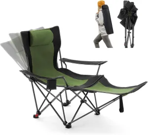 Reclining Camping Chair with Foot Rest, Folding Lounge Chair for Adults,Outdoor Chair Support 300 lbs with Adjustable Backrest &Cup Holder Portable Recliner Beach Chair for Lawn Outside,Green