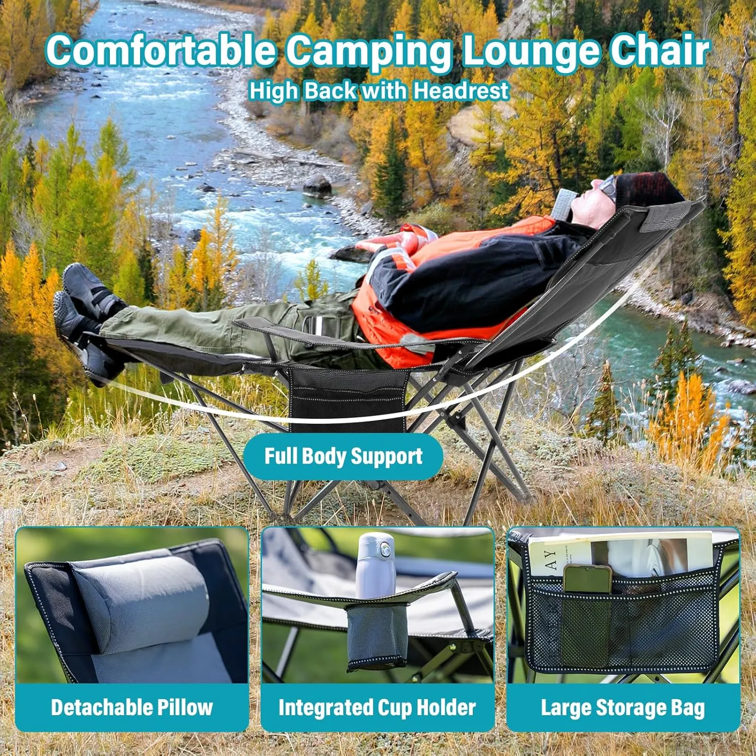 Reclining Camping Chair with Foot Rest, Folding Lounge Chairs for Adults,Outdoor Chair Support 300 lbs with Adjustable Backrest &Cup Holder Portable Recliner Beach Chairs for Lawn Outside,Gray