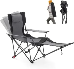 Reclining Camping Chair with Foot Rest, Folding Lounge Chairs for Adults,Outdoor Chair Support 300 lbs with Adjustable Backrest &Cup Holder Portable Recliner Beach Chairs for Lawn Outside,Gray