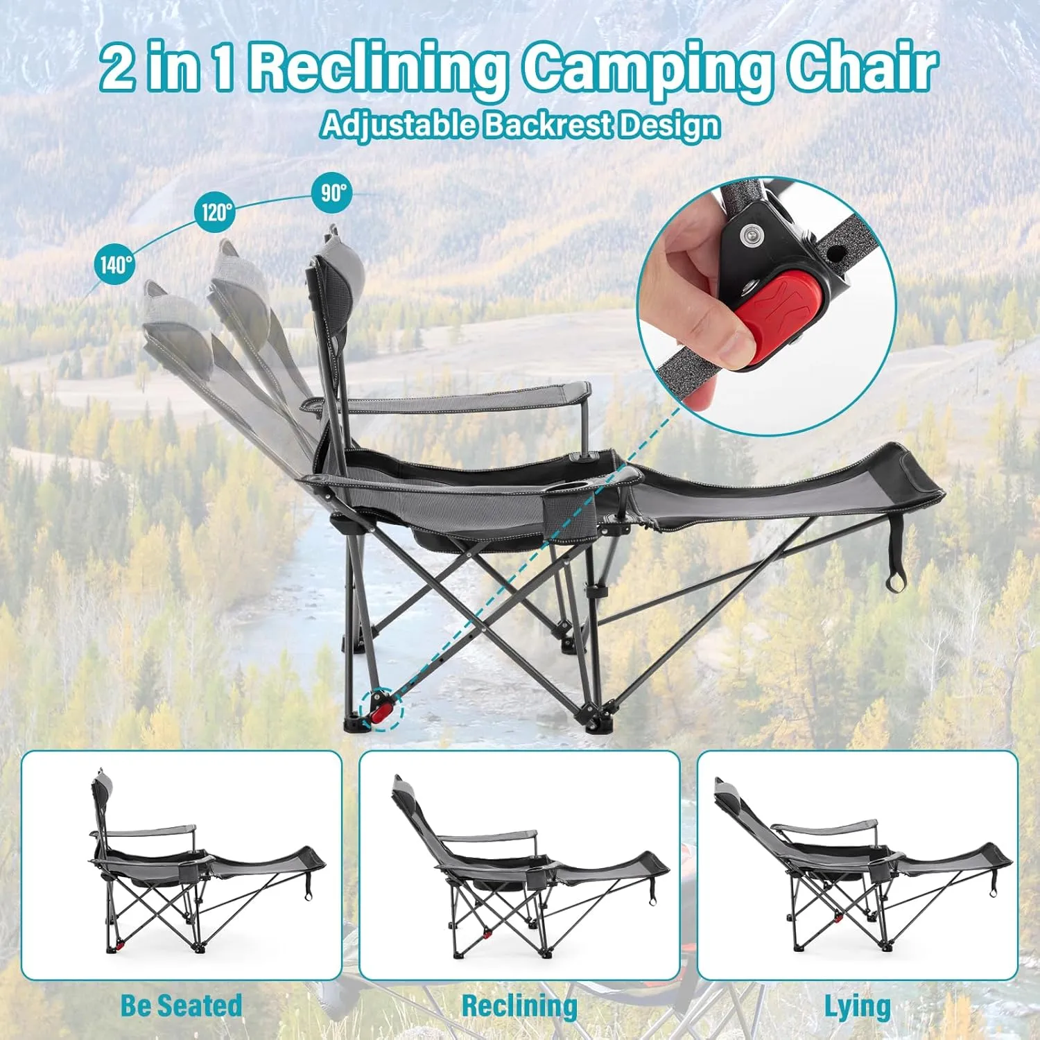 Reclining Camping Chair with Foot Rest, Folding Lounge Chairs for Adults,Outdoor Chair Support 300 lbs with Adjustable Backrest &Cup Holder Portable Recliner Beach Chairs for Lawn Outside,Gray