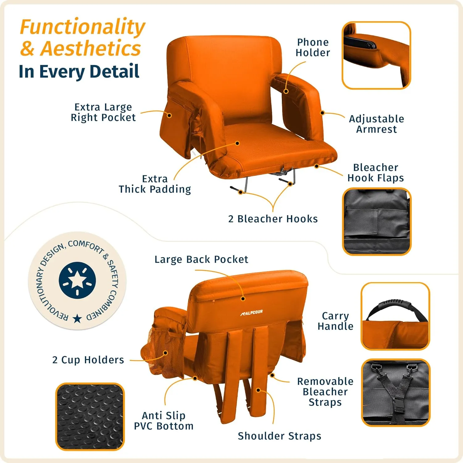 Reclining Stadium Seats for Bleachers with Back Support – Wide Bleacher Chair Cushion, Armrests, Large Pockets, and Multiple Safety Features – Best Stadium Seat Chairs for Camping, Kayak Backs & More