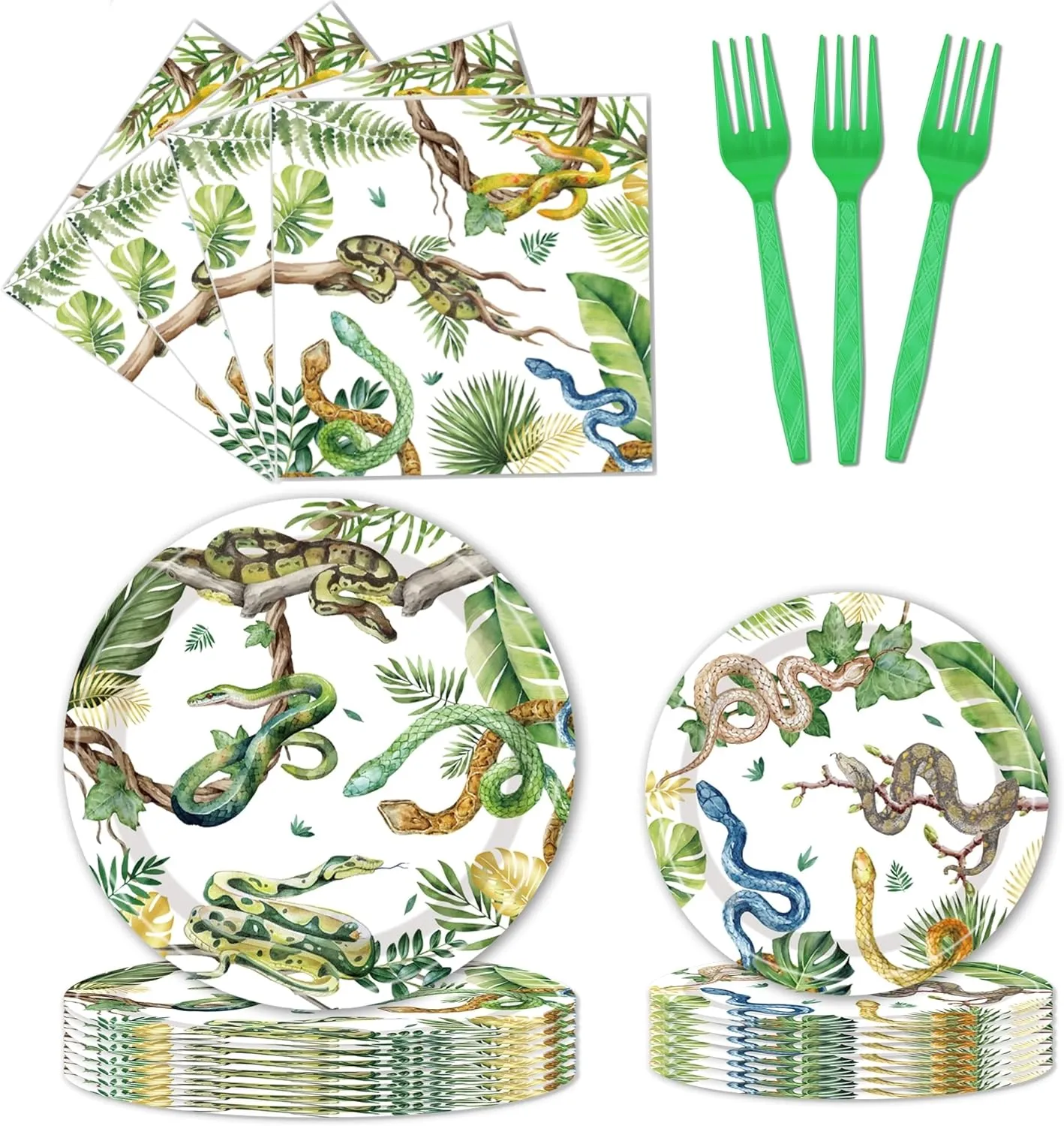Reptile Snake Birthday Party Decorations - 96 PCS Snake Plates and Napkins Party Supplies Jungle Wildlife Wilderness Reptile Snake Disposable Tableware Set Serve 24 Guests