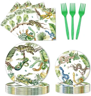 Reptile Snake Birthday Party Decorations - 96 PCS Snake Plates and Napkins Party Supplies Jungle Wildlife Wilderness Reptile Snake Disposable Tableware Set Serve 24 Guests