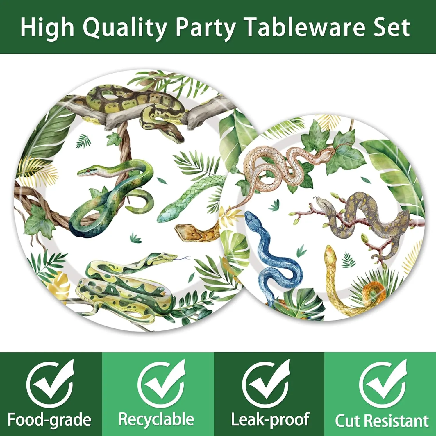 Reptile Snake Birthday Party Decorations - 96 PCS Snake Plates and Napkins Party Supplies Jungle Wildlife Wilderness Reptile Snake Disposable Tableware Set Serve 24 Guests
