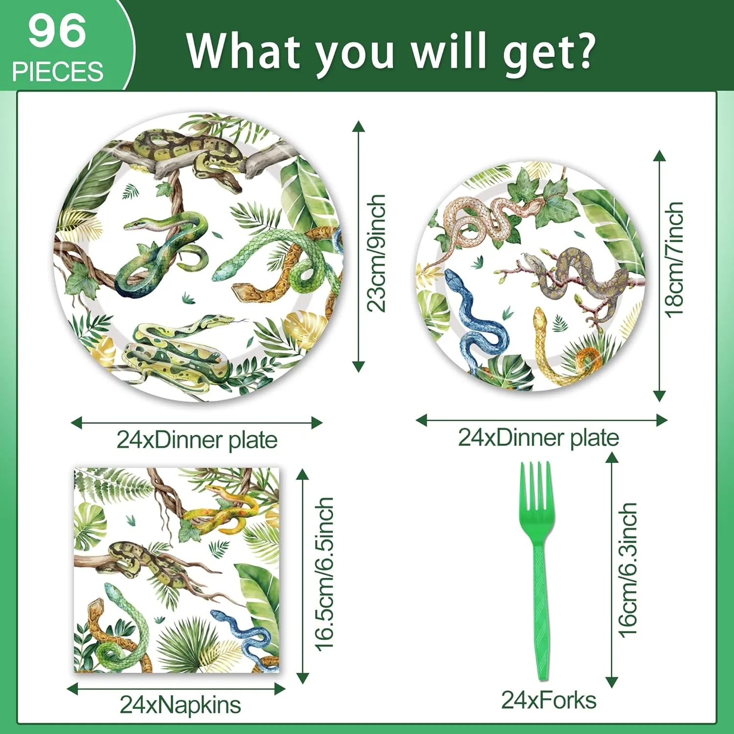 Reptile Snake Birthday Party Decorations - 96 PCS Snake Plates and Napkins Party Supplies Jungle Wildlife Wilderness Reptile Snake Disposable Tableware Set Serve 24 Guests