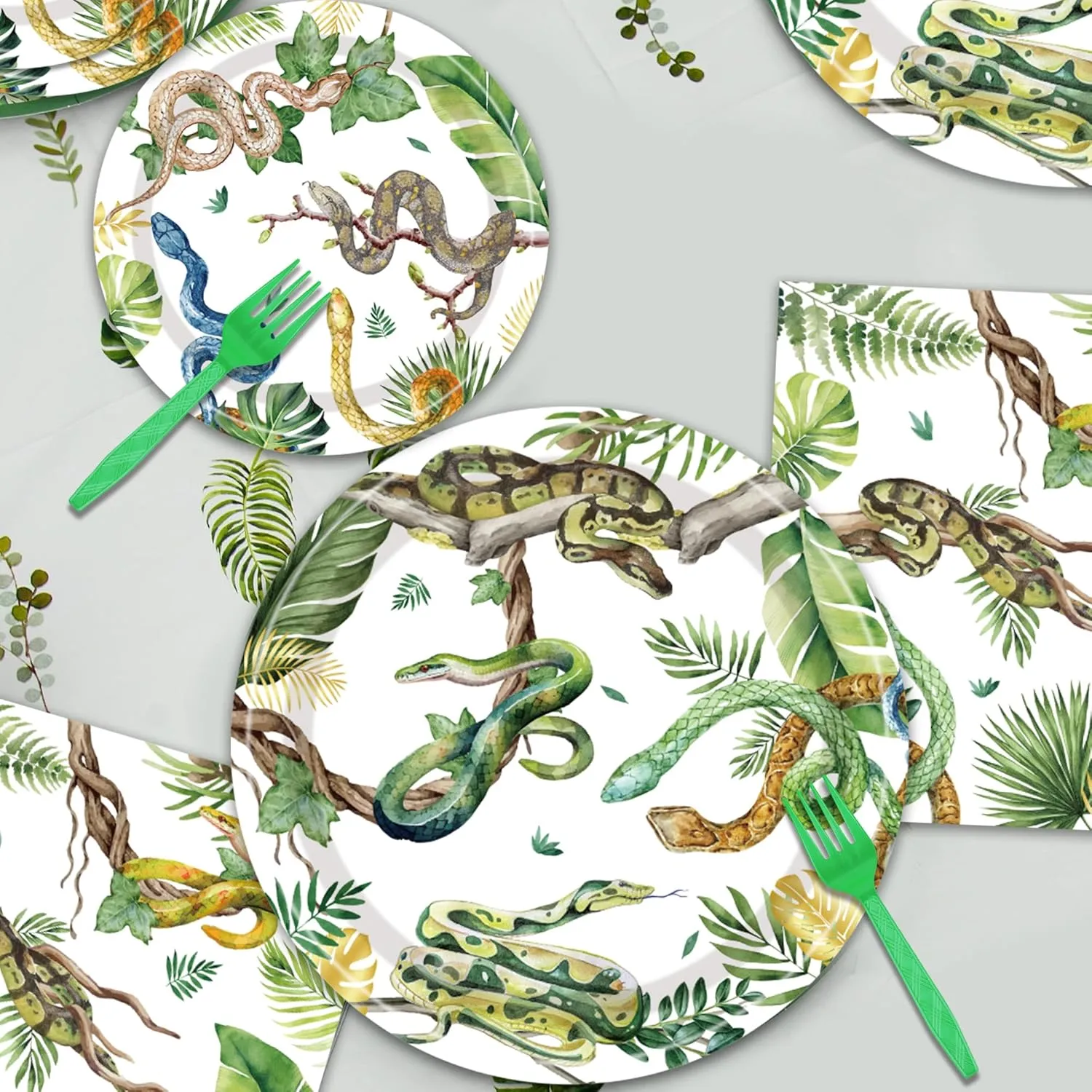 Reptile Snake Birthday Party Decorations - 96 PCS Snake Plates and Napkins Party Supplies Jungle Wildlife Wilderness Reptile Snake Disposable Tableware Set Serve 24 Guests