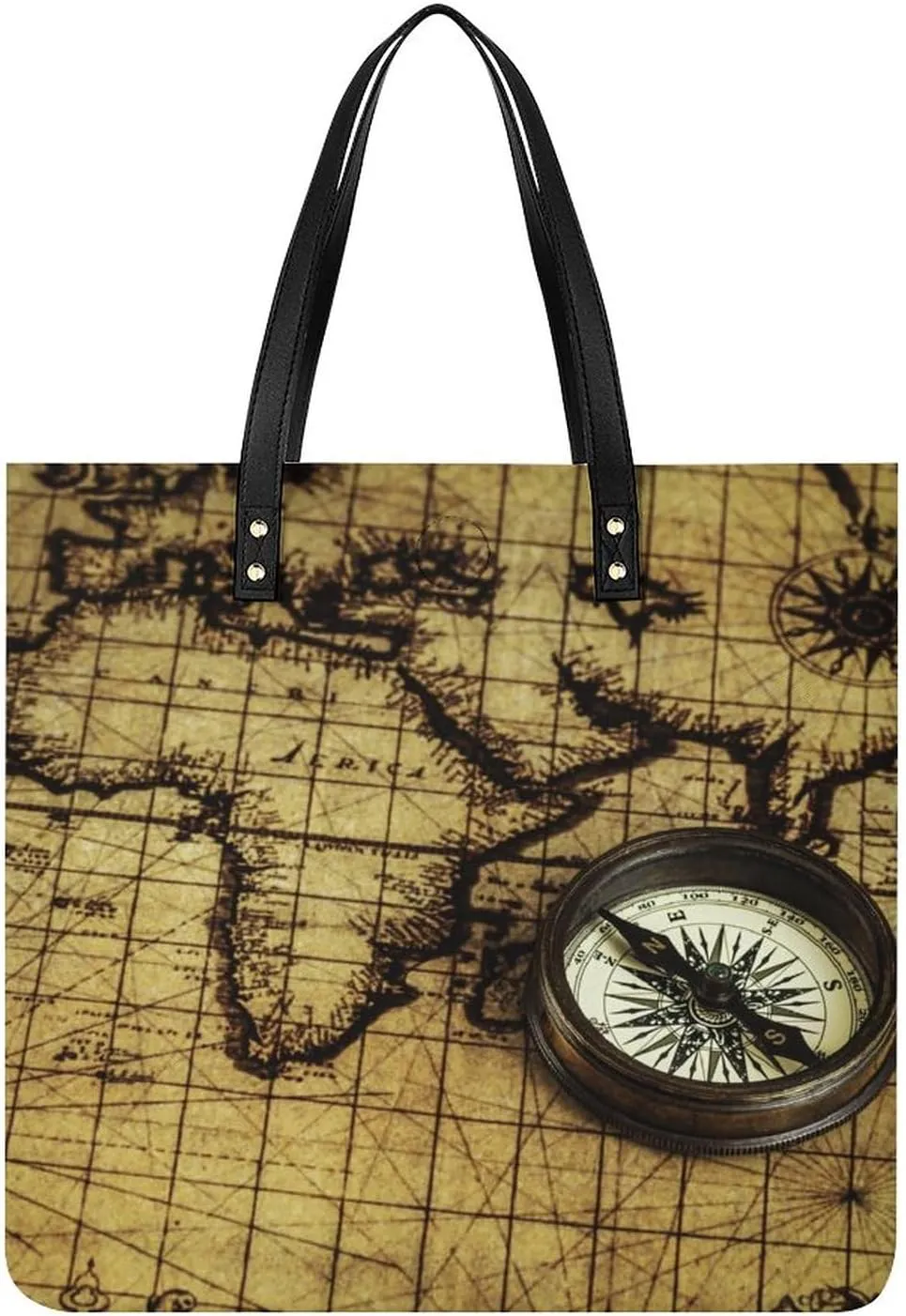 Retro Globe Map Compass Leather Tote Bag for Women Men Lightweight Purse Shoulder Bag Handbags for Office Travel
