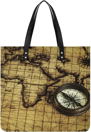 Retro Globe Map Compass Leather Tote Bag for Women Men Lightweight Purse Shoulder Bag Handbags for Office Travel