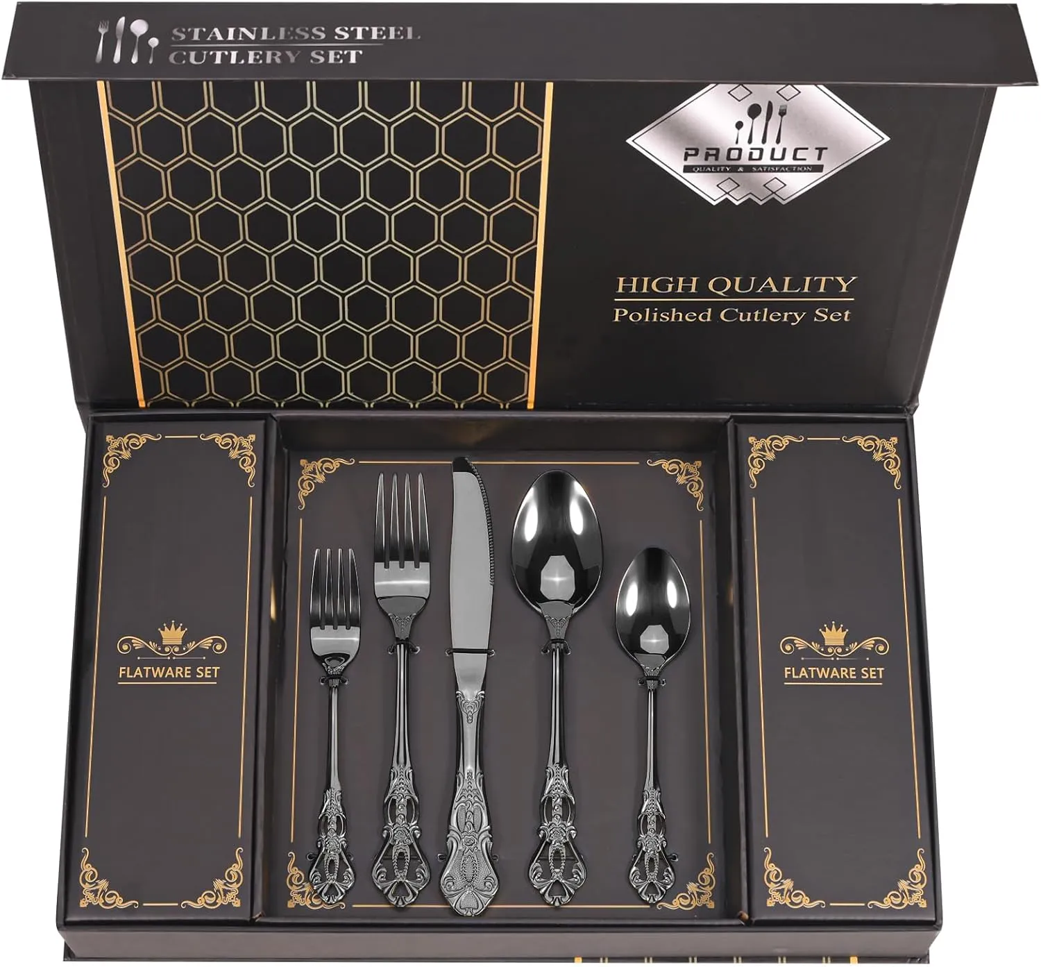 Retro Royal Black Silverware Set With Gift Box, 20-Pieces Cutlery Set Utensils Stainless Steel Flatware For 4 MIKIWAY Kitchen Tableware Set For Gifts Festive, Dishwasher Safe, Mirror Polishing