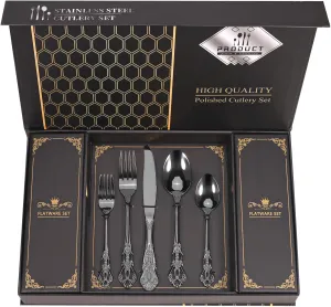 Retro Royal Black Silverware Set With Gift Box, 20-Pieces Cutlery Set Utensils Stainless Steel Flatware For 4 MIKIWAY Kitchen Tableware Set For Gifts Festive, Dishwasher Safe, Mirror Polishing
