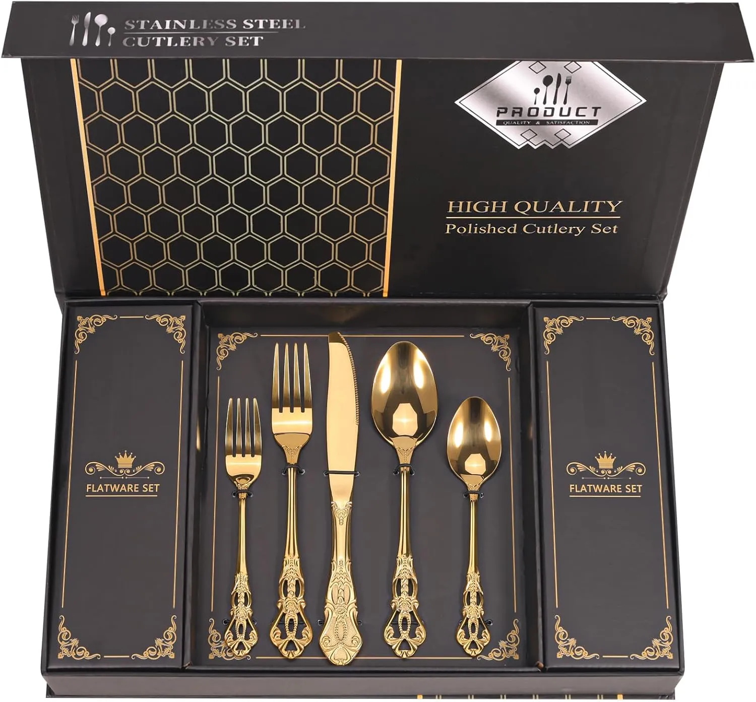Retro Royal Gold Silverware Set With Gift Box For 8 Cutlery Set Utensils Stainless Steel Flatware 40 Pieces MIKIWAY Kitchen Tableware Set For Gifts Festive, Dishwasher Safe, Mirror Polishing