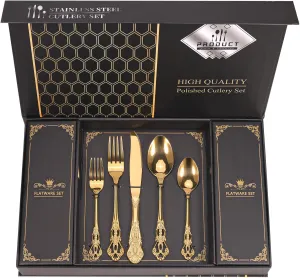 Retro Royal Gold Silverware Set With Gift Box For 8 Cutlery Set Utensils Stainless Steel Flatware 40 Pieces MIKIWAY Kitchen Tableware Set For Gifts Festive, Dishwasher Safe, Mirror Polishing