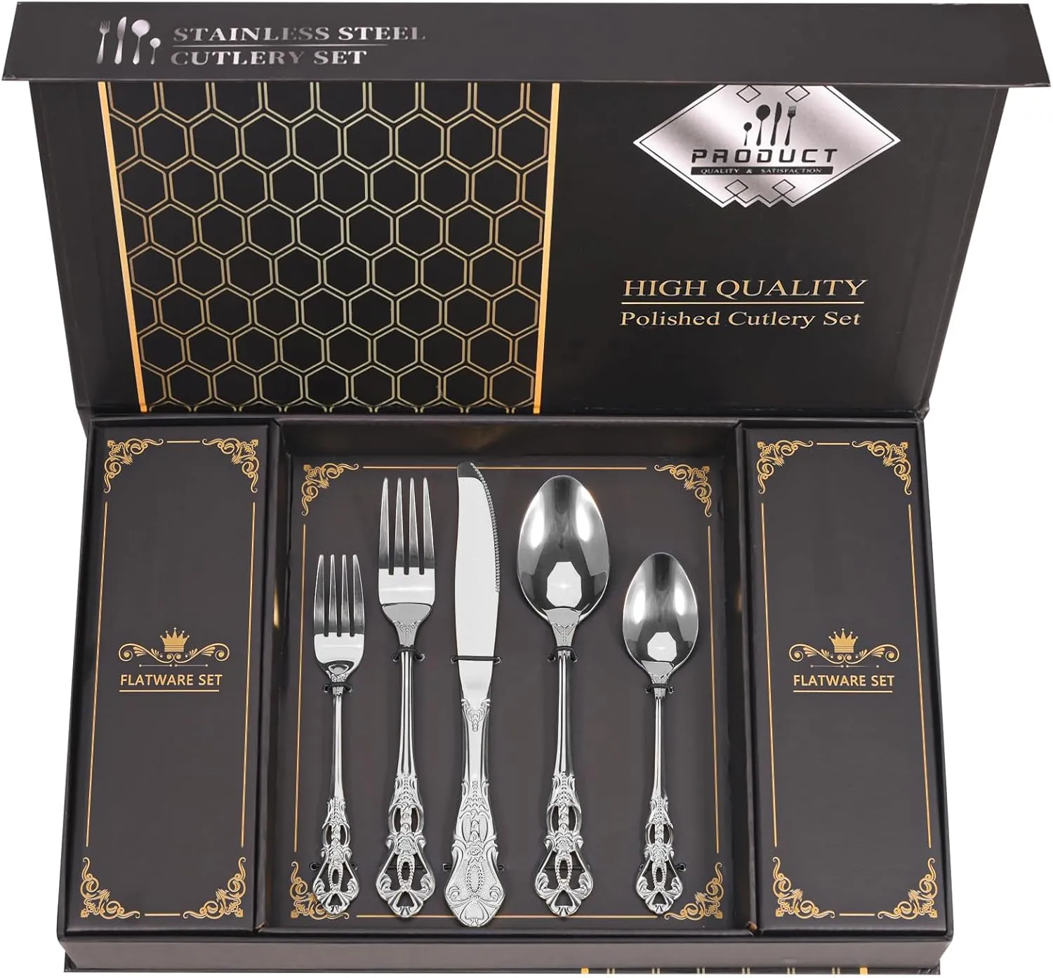 Retro Royal Silverware Set With Gift Box For 8 Cutlery Set Utensils Stainless Steel Flatware 40 Pieces MIKIWAY Kitchen Tableware Set For Gifts Festive, Dishwasher Safe, Mirror Polishing
