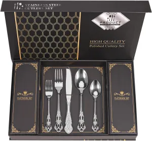 Retro Royal Silverware Set With Gift Box For 8 Cutlery Set Utensils Stainless Steel Flatware 40 Pieces MIKIWAY Kitchen Tableware Set For Gifts Festive, Dishwasher Safe, Mirror Polishing