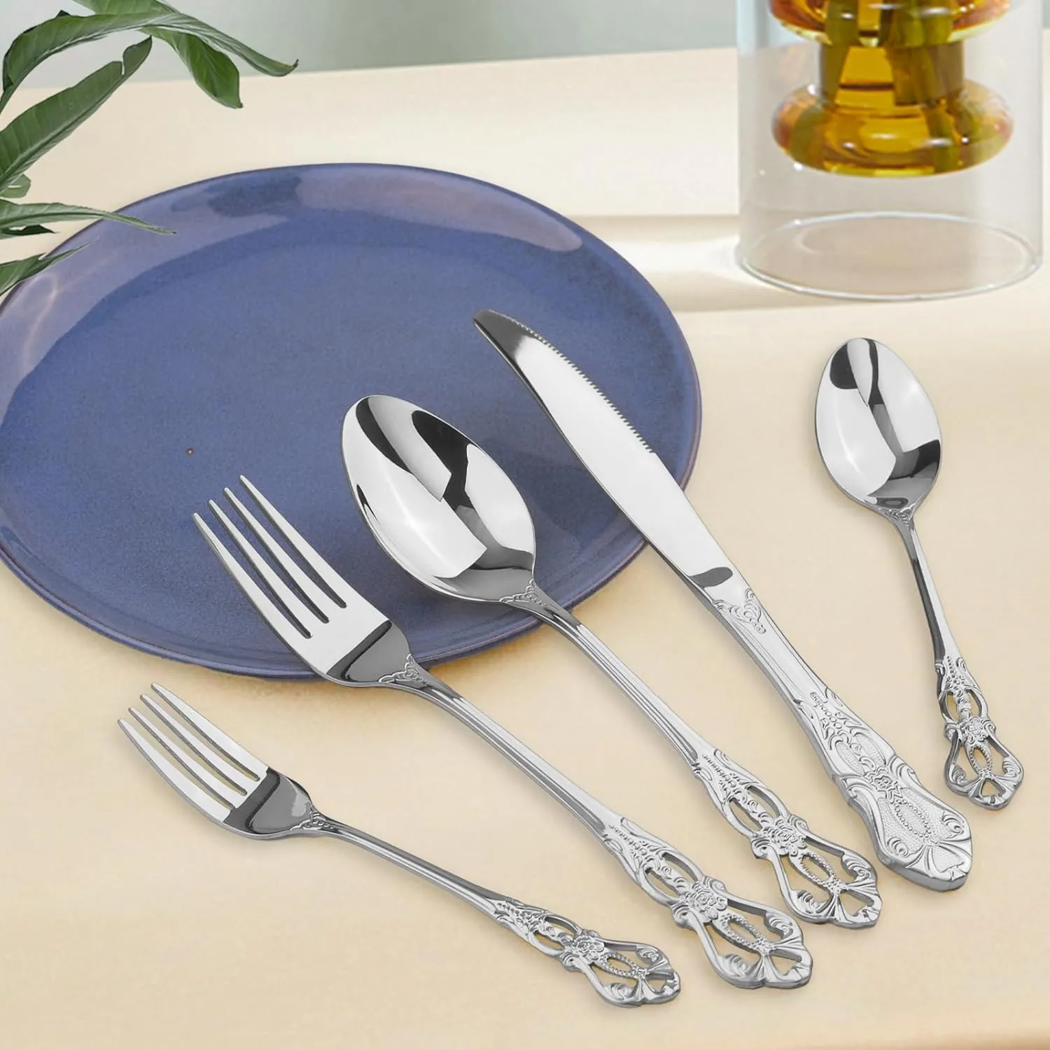 Retro Royal Silverware Set With Gift Box For 8 Cutlery Set Utensils Stainless Steel Flatware 40 Pieces MIKIWAY Kitchen Tableware Set For Gifts Festive, Dishwasher Safe, Mirror Polishing