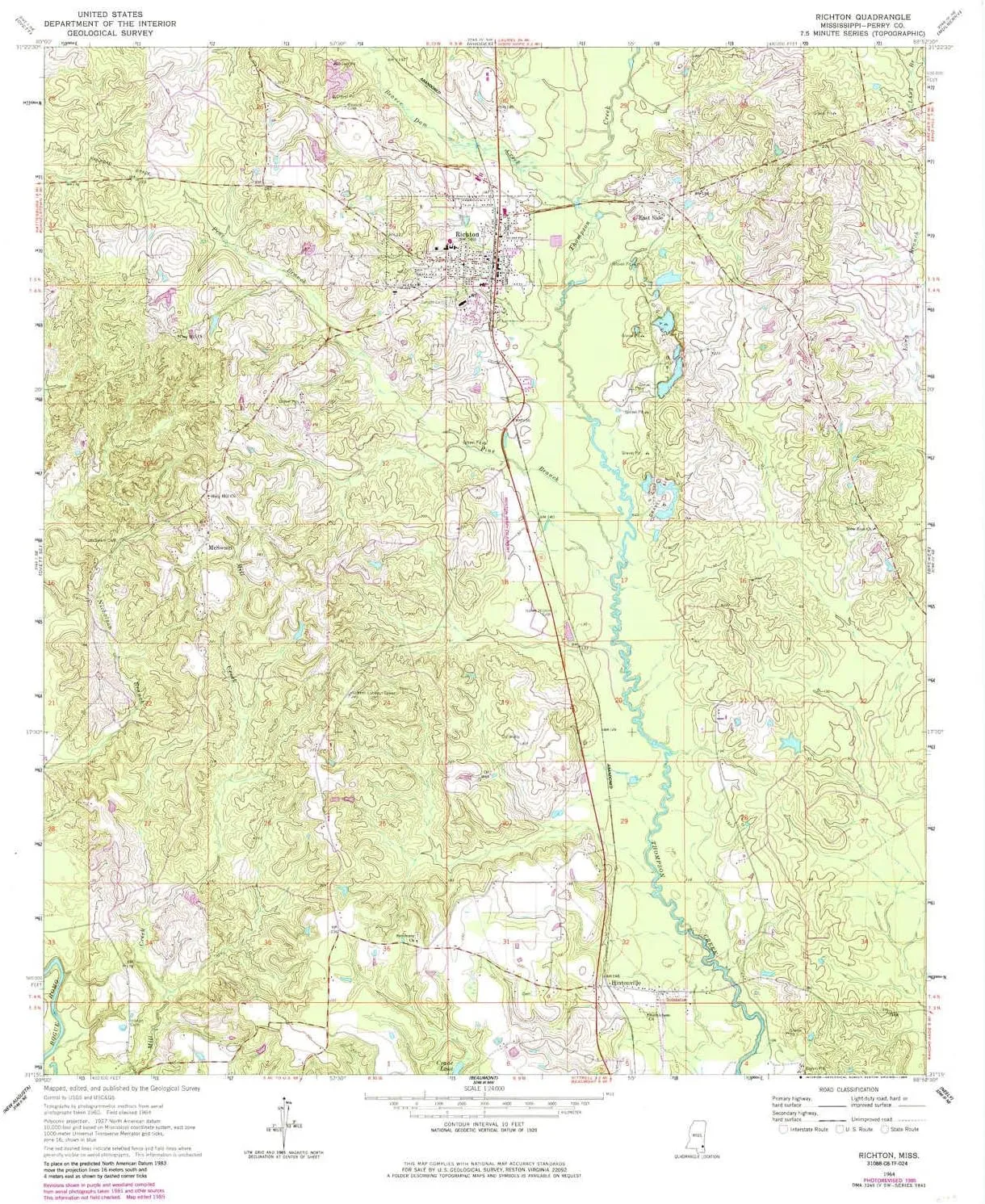 Richton MS topo map, 1:24000 Scale, 7.5 X 7.5 Minute, Historical, 1964, Updated 1985, 26.8 x 22 in