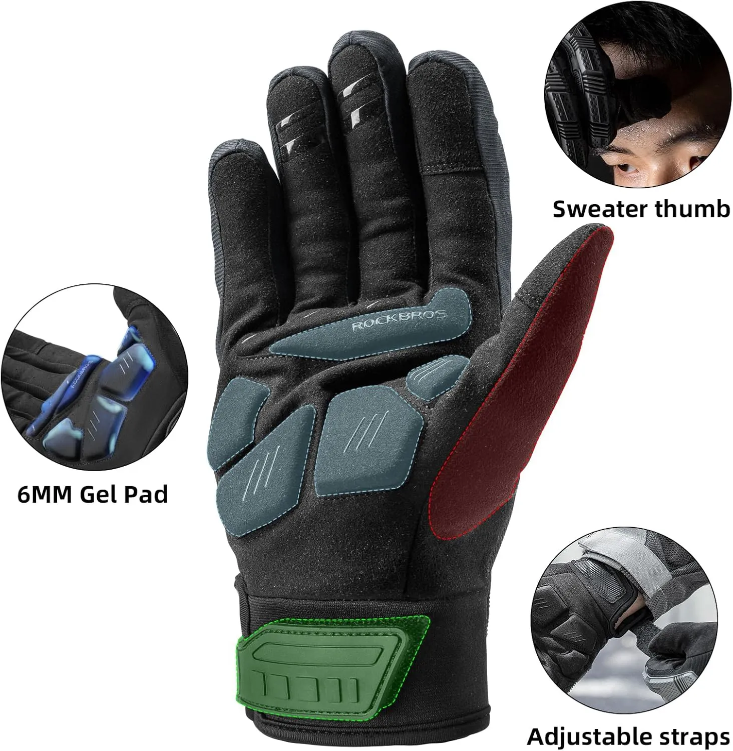 ROCKBROS Motorcycle & Mountain Bike Thermal Touchscreen Cycling Gloves - Windproof, Full Finger with 6MM Gel Pad Palm Padding for Men & Women - MTB, Dirt Bike, Hiking, Racing