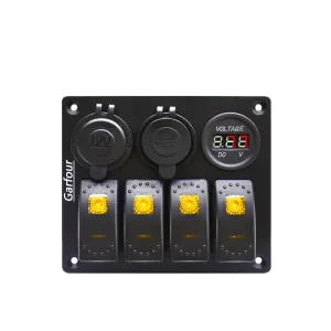 Rocker Switch Aluminum Panel 4 Gang Toggle with DC 5V 3.1A Dual USB Charger Digital Voltmeter Display DC 12V Power Socket for Car Trailer Marine Boat RV Vehicle Truck