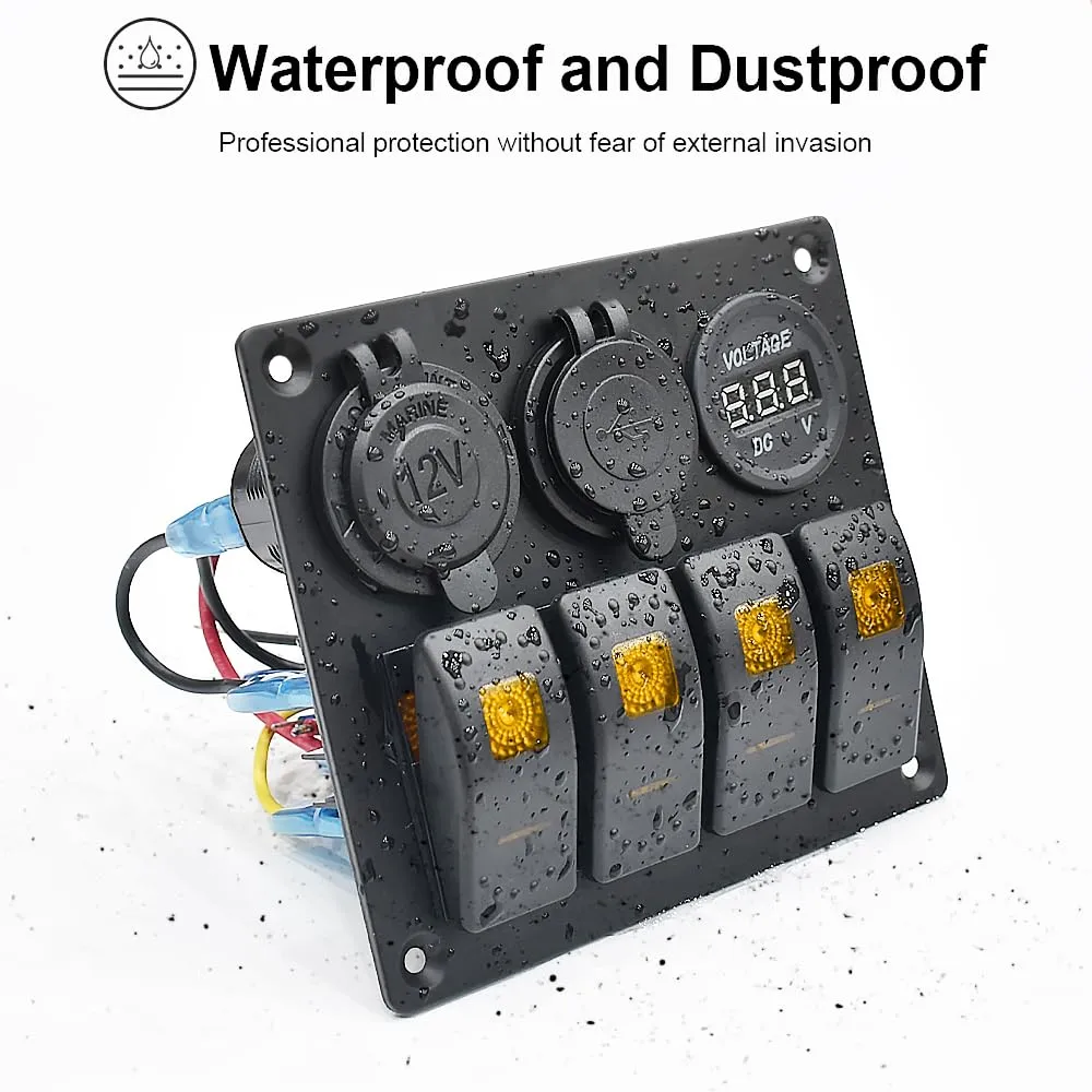 Rocker Switch Aluminum Panel 4 Gang Toggle with DC 5V 3.1A Dual USB Charger Digital Voltmeter Display DC 12V Power Socket for Car Trailer Marine Boat RV Vehicle Truck