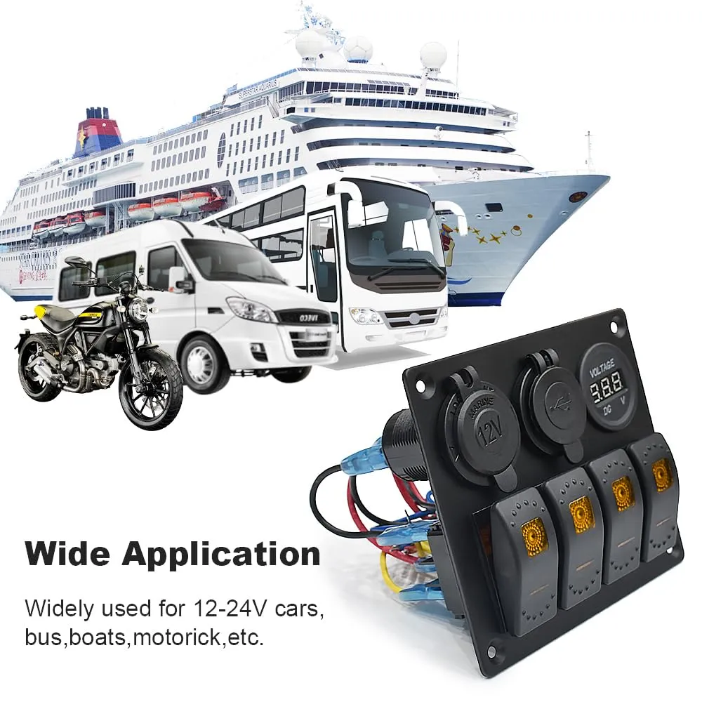 Rocker Switch Aluminum Panel 4 Gang Toggle with DC 5V 3.1A Dual USB Charger Digital Voltmeter Display DC 12V Power Socket for Car Trailer Marine Boat RV Vehicle Truck