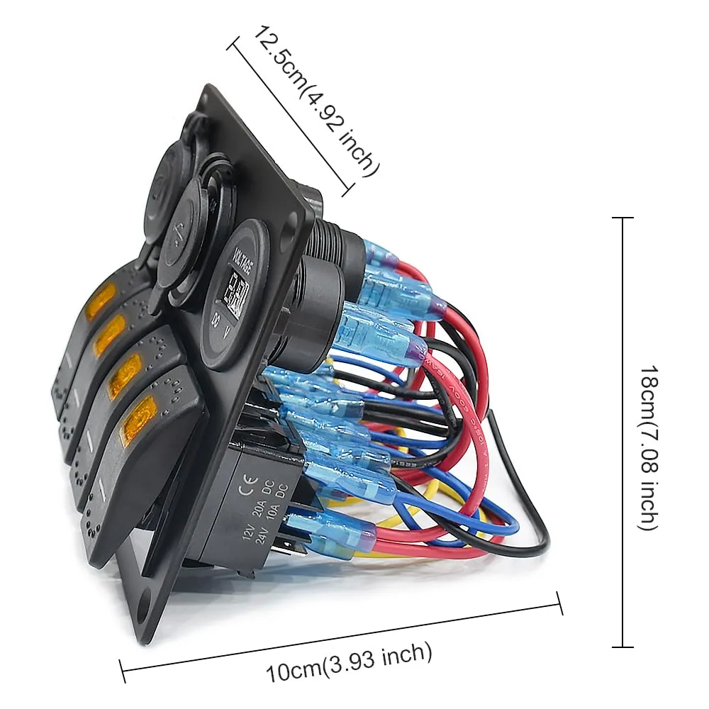 Rocker Switch Aluminum Panel 4 Gang Toggle with DC 5V 3.1A Dual USB Charger Digital Voltmeter Display DC 12V Power Socket for Car Trailer Marine Boat RV Vehicle Truck
