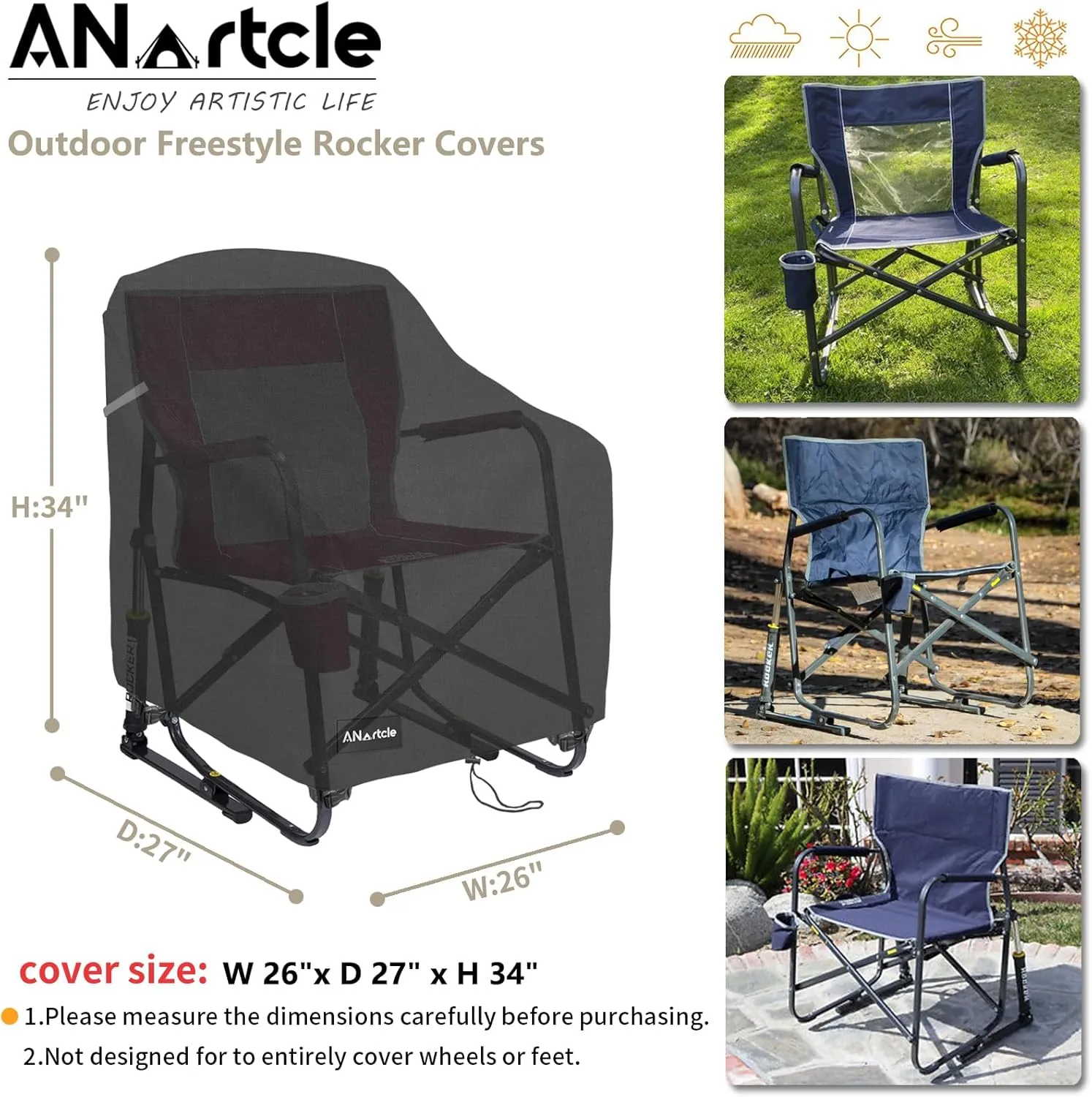 Rocking Chair Covers for GCI Outdoor 37072 Chair, Freestyle Rocker, Waterproof Heavy Duty Camping Chair Covers (26 W x 27 D x 34 H Inches) Black