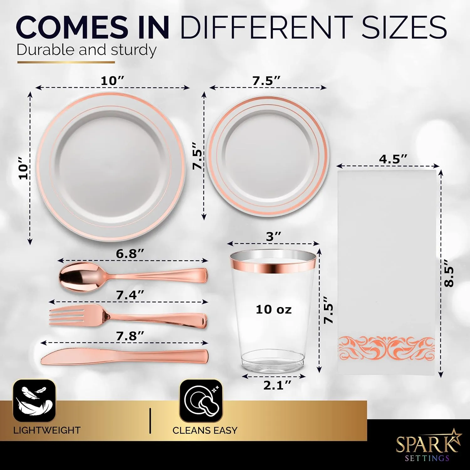 Rose Gold Plastic Plates For Party - Rose Gold Plastic Silverware - 350 PC Wedding Dinnerware Set 50 Guests, 100 Plastic Party Plates, 50 Cups, 50 Rose Gold Cutlery Sets & 50 Napkins-By SparkSettings
