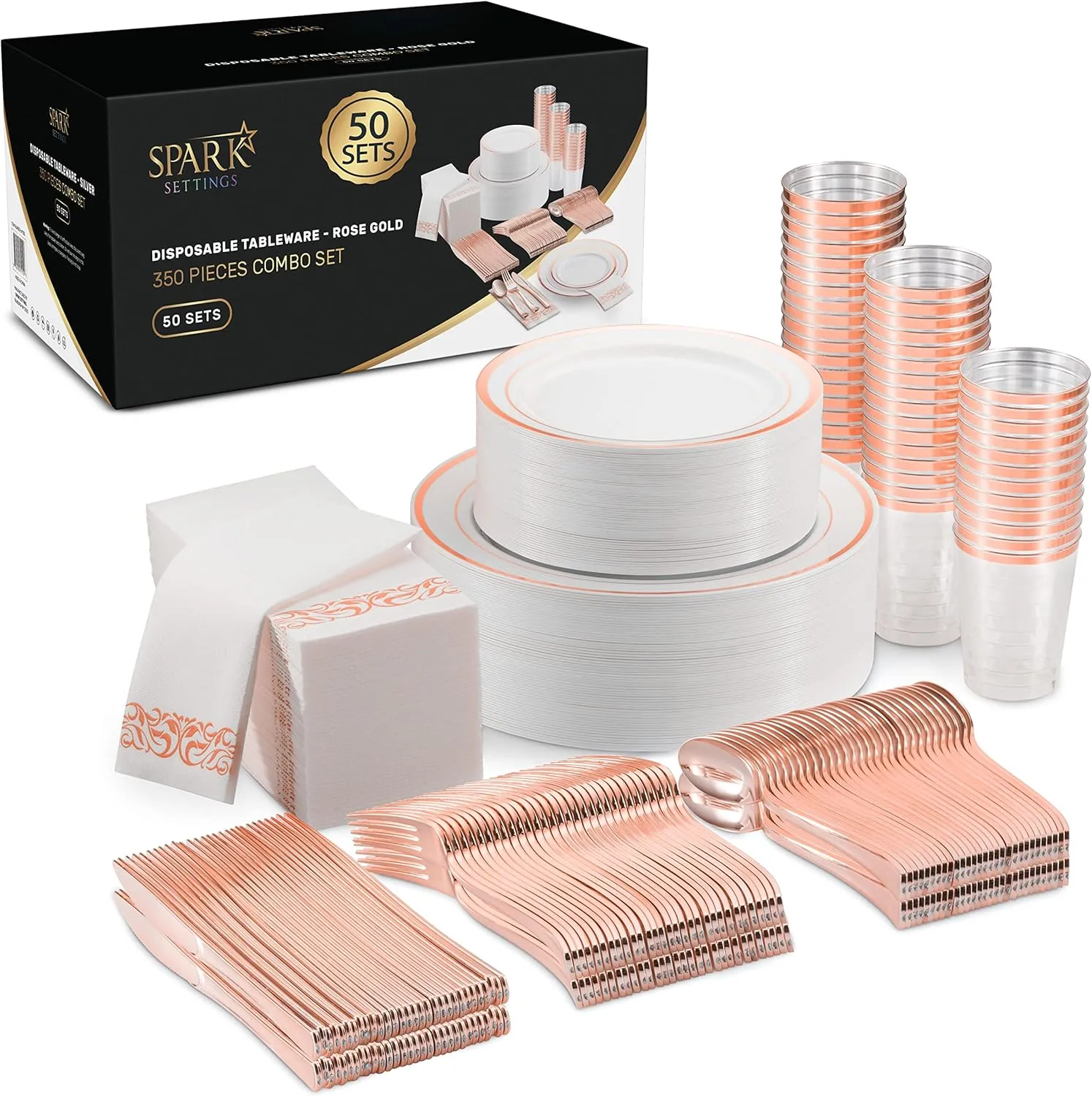 Rose Gold Plastic Plates For Party - Rose Gold Plastic Silverware - 350 PC Wedding Dinnerware Set 50 Guests, 100 Plastic Party Plates, 50 Cups, 50 Rose Gold Cutlery Sets & 50 Napkins-By SparkSettings