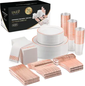 Rose Gold Plastic Plates For Party - Rose Gold Plastic Silverware - 350 PC Wedding Dinnerware Set 50 Guests, 100 Plastic Party Plates, 50 Cups, 50 Rose Gold Cutlery Sets & 50 Napkins-By SparkSettings