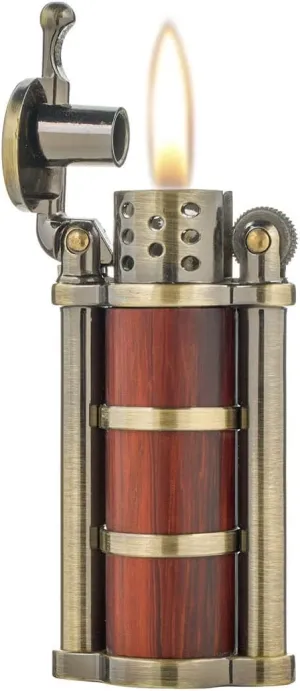 Rosewood Case Antique Style Petrol Kerosene Soft Flame Cylinder Type Windproof Lighter (Bronze)