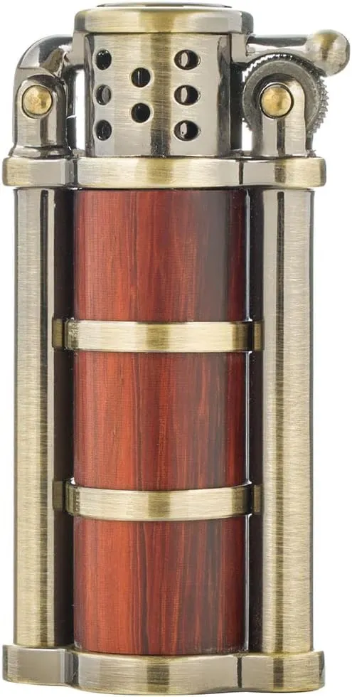 Rosewood Case Antique Style Petrol Kerosene Soft Flame Cylinder Type Windproof Lighter (Bronze)