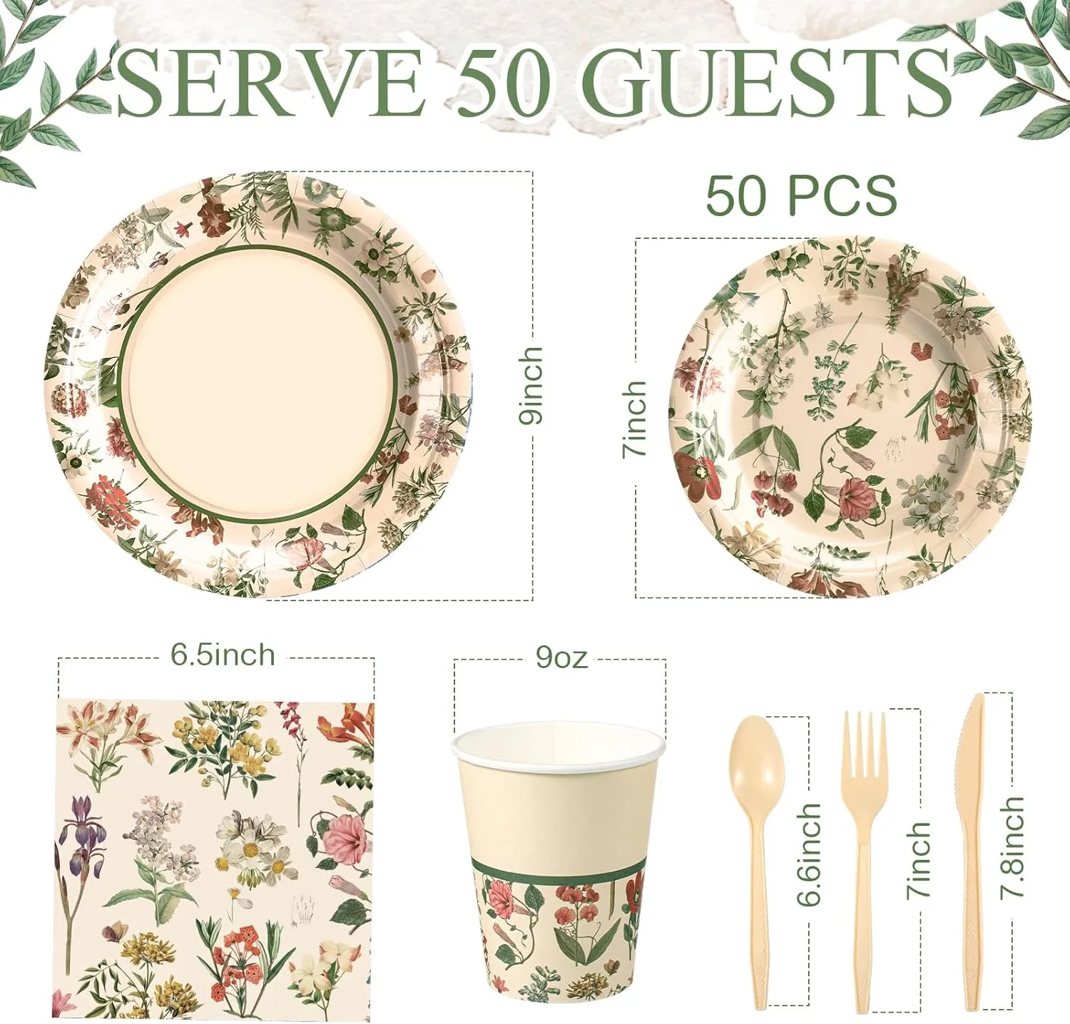 Roshtia 50 Set Floral Party Supplies Flower Paper Plates Napkins Tablewares Disposable Flower Dinnerware for Girls Women Floral Birthday Tea Party Decorations Favors