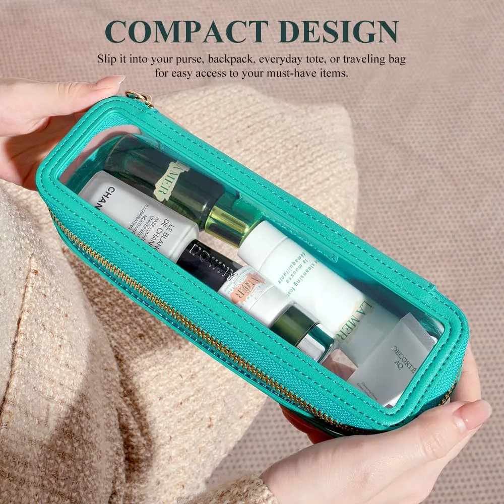 ROWNYEON Small Waterproof Toiletry Organizer Train Case, CLear Travel Makeup Bag for Women，Transparent Cosmetic Bag，Portable Makeup Case Organizer (green)