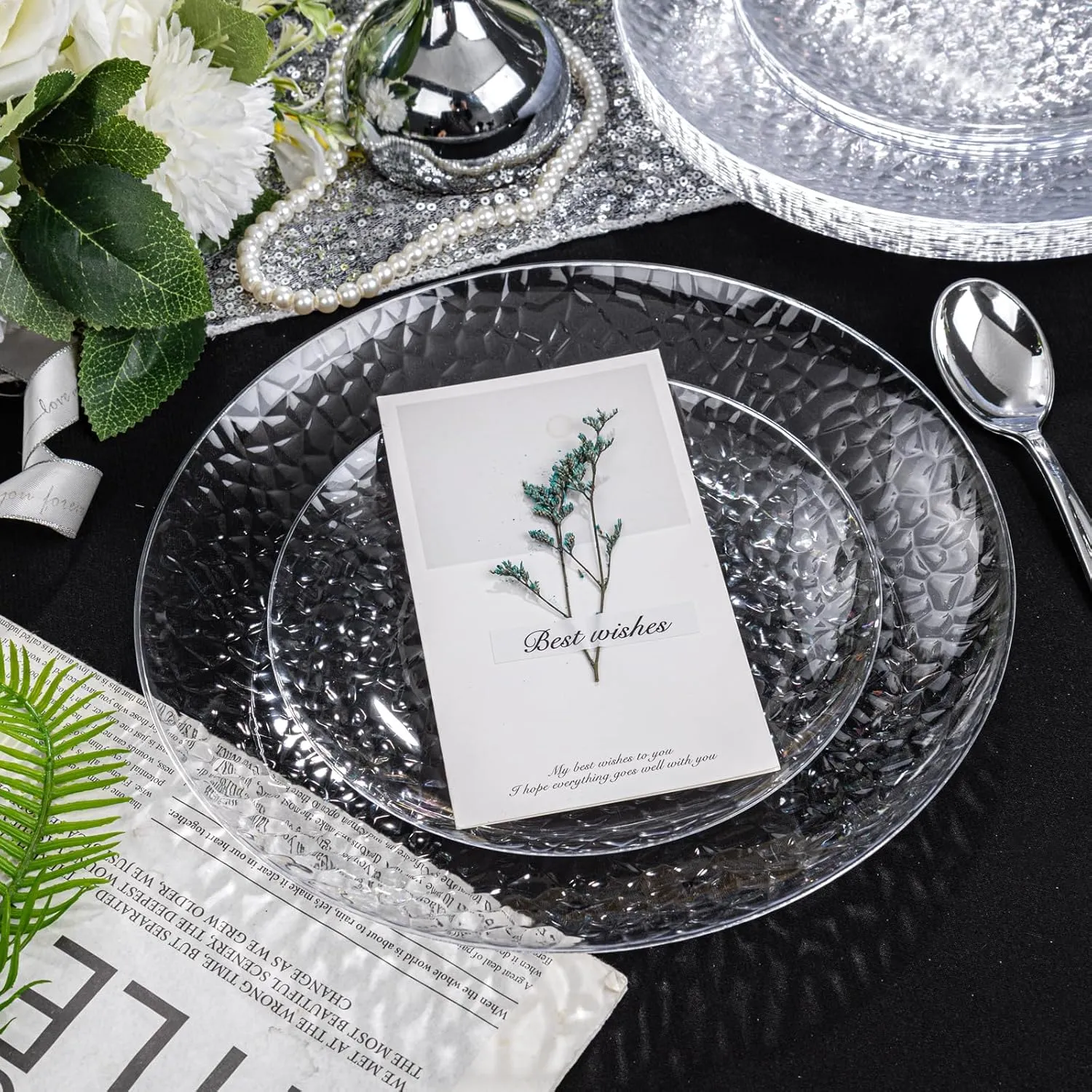 Rubtlamp 100Pcs Clear Plastic Plates, Heavy-Duty Party Plates, clear hammered plastic plates Include 50 Clear Dessert/Salad Platos, 50 Dinner Platos for Party