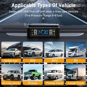 RV TPMS Tire Pressure Monitoring System with Solar/USB Charging, 4 Sensors, 6 Alarm Modes, LCD Display, 0-87 PSI Pressure Range for RVs, Trailers, and Cars
