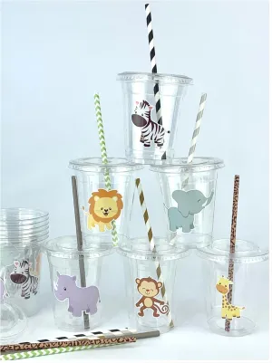 Safari Animal Plastic Party Cups with Lids and Straws, Birthday Drinkware, Jungle Baby Shower Tableware, Set of 12